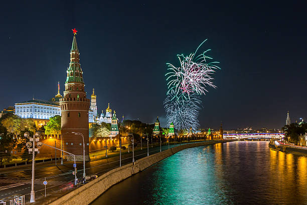 Fireworks over the Moscow Kremlin stock photo