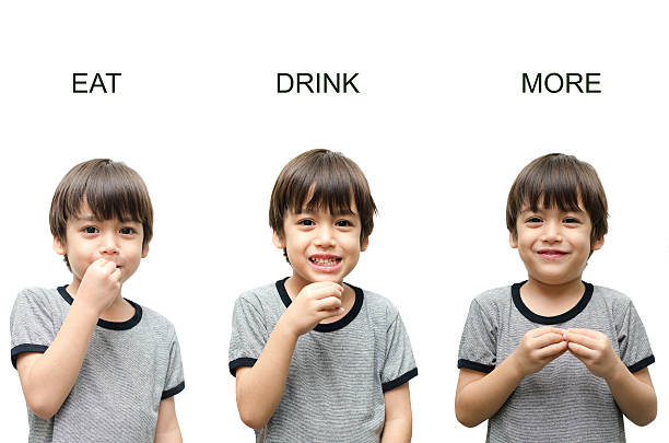 istock Eat ,drink, more kid hand sign language on white background 487668217