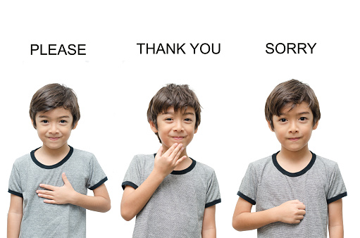 Please thank you sorry kid hand sign language on white background