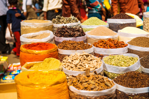 Sacks of spices and seeds at the Chadni Chowk spice markets in Delhi, India 