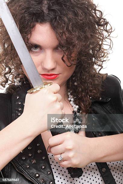 Curly Woman Girl And Sword Stock Photo - Download Image Now - Adult, Adults Only, Armed Forces