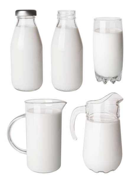 istock Bottle, glass and jug with milk isolated on white background 487670051