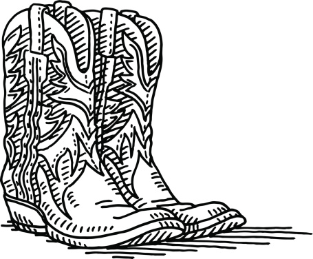 Hand-drawn vector drawing of a Pair of Cowboy Boots. Black-and-White sketch on a transparent background (.eps-file). Included files are EPS (v10) and Hi-Res JPG.