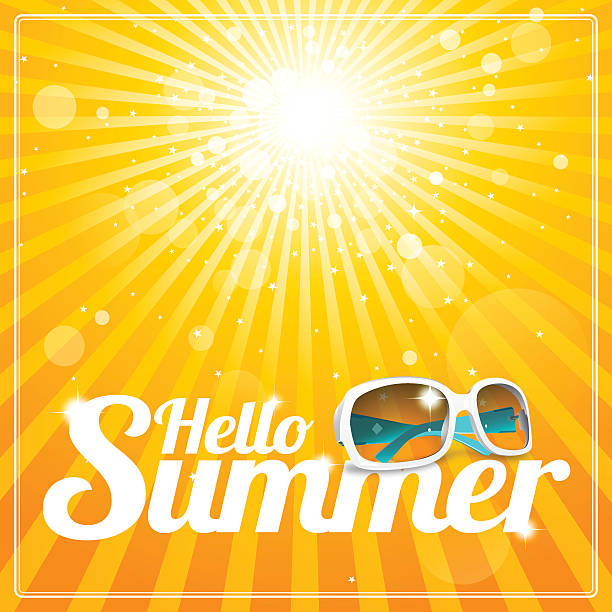 Hello Summer poster with cool white sunglasses and glorious sunshine vector art illustration