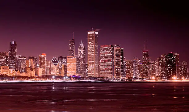 Photo of Downtown Chicago - frozen Lake Michigan at night