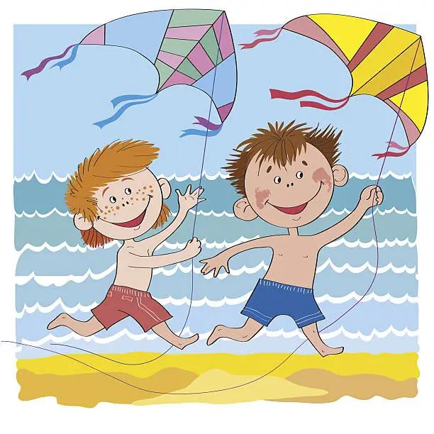 Vector illustration of Children & kite.Cheerful children-boys on beach-illustration