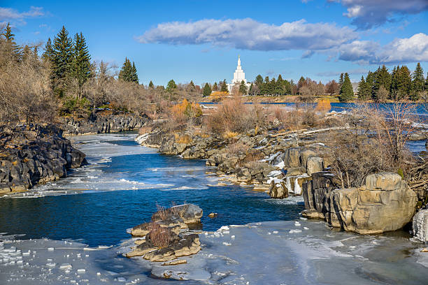 istock Idaho Falls waterfall,  landmark , Snake River, ID, winter 487672152
