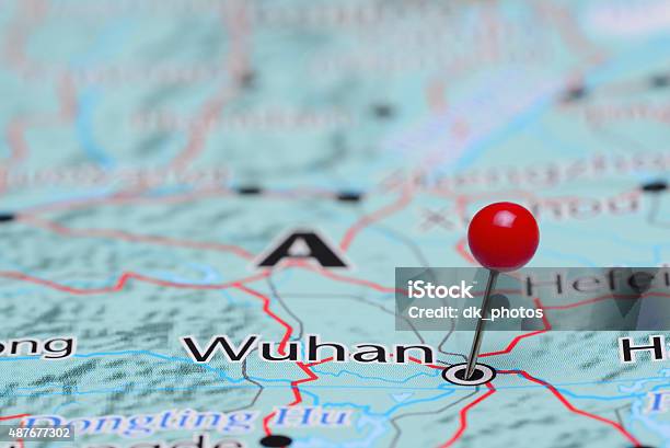 Wuhan Pinned On A Map Of Asia Stock Photo - Download Image Now - Wuhan, China - East Asia, Map