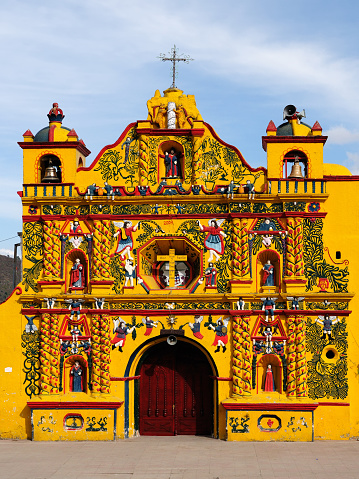 The most colour facade of the church in the San Andrés Xecul village in Guatemala, Central America