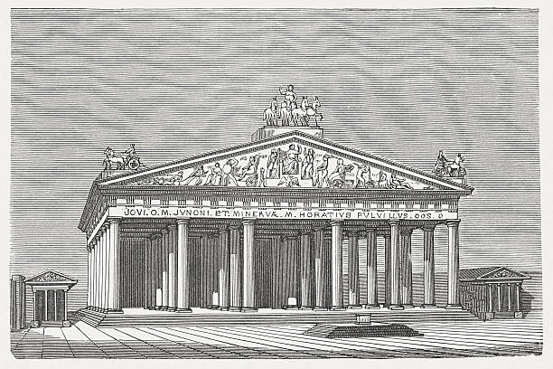 Temple of Jupiter Optimus Maximus in Rome, published in 1878 Visual reconstruction of the Temple of Jupiter Optimus Maximus in ancient Rome. Wood engraving, published in 1878. capitoline hill stock illustrations