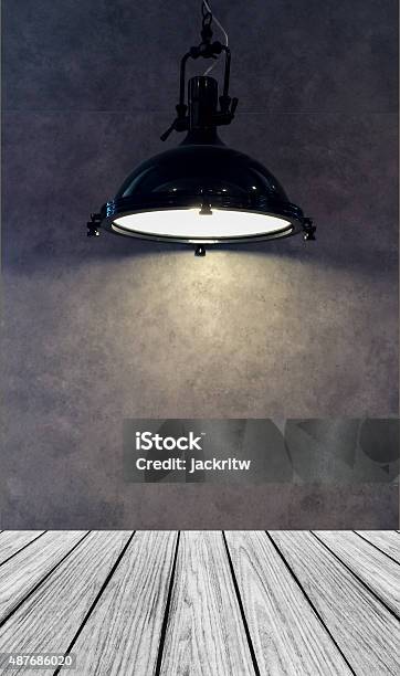 Empty Wooden Perspective Platform With Lamp Shade Stock Photo - Download Image Now - Domestic Room, Empty, Illuminated