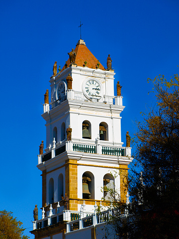 White tower of Metropolitan Cathedral in Sucre, Bolivia