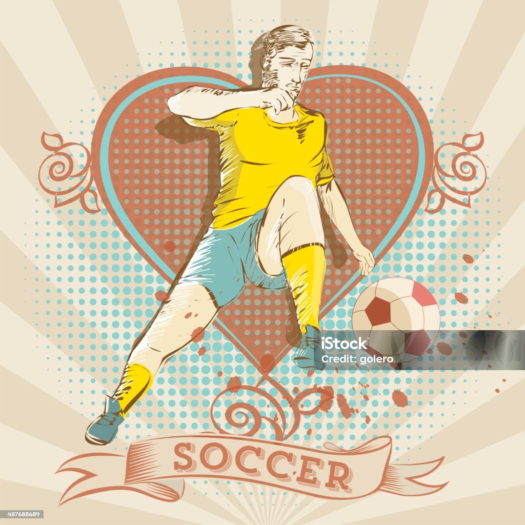 soccer love symbol vector scribble of a soccer  player  who kicks the  football with a  heart in the  background, all elements are well organized on layers, vintage-retro style Adult stock vector