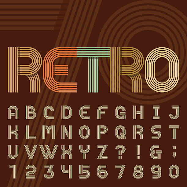 retro-stil-streifen-alphabet, vektor-schrift. - 70s stock-grafiken, -clipart, -cartoons und -symbole