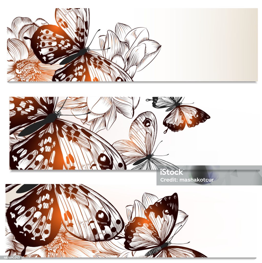 Conjunto de cartões de visita florais com insectos e flores para des - Royalty-free Borboleta arte vetorial