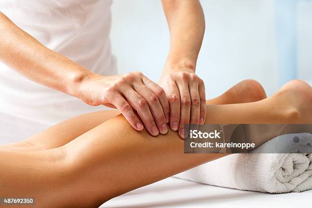 Detail Of Hands Massaging Human Calf Muscle Stock Photo - Download Image Now - Massaging, Massage Therapist, Human Leg