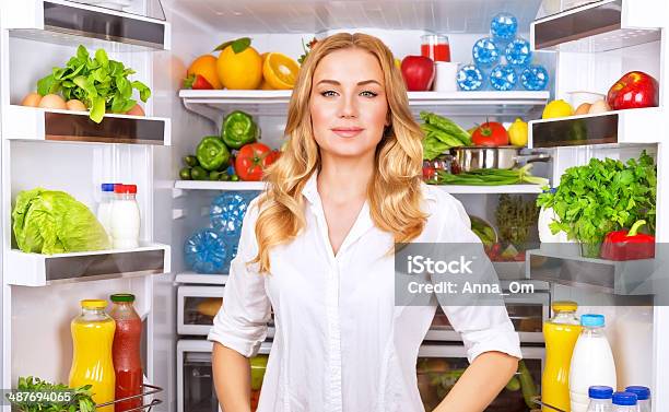 Healthy Woman Near Open Fridge Stock Photo - Download Image Now - Adult, Adults Only, Beautiful People