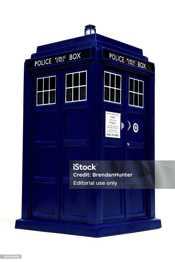 Blue God Vancouver, Canada - February 17, 2014: A toy TARDIS from Dr. Who, against a white background. The TARDIS is the Doctor's main form of travel, a time machine and spaceship that is larger on the inside. Doctor Who is created by the BBC. Doctor Who Stock Photo