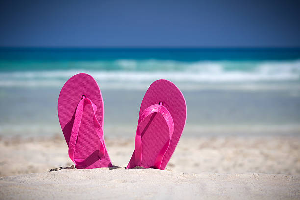 istock Pink flip flops on sandy beach near sea 487700602