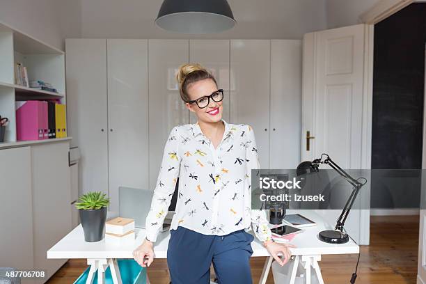 Smiling Woman In Home Office Stock Photo - Download Image Now - Blond Hair, Creativity, Freelance Work