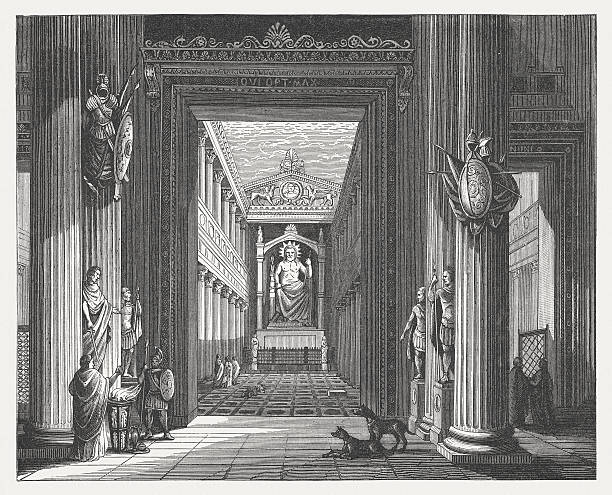 Temple of Jupiter Optimus Maximus in Rome, published in 1878 Interior of the Temple of Jupiter Optimus Maximus in ancient Rome (Visual reconstruction after the second construction, circa 1st century BC). Wood engraving, published in 1878. capitoline hill stock illustrations