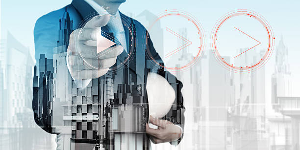 istock Double exposure of business engineer press play button sign 487707296