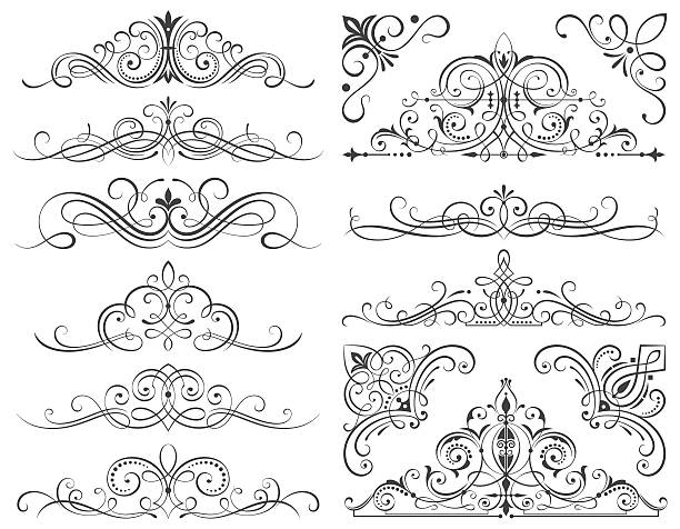 ilustrações de stock, clip art, desenhos animados e ícones de calligraphic molduras e elementos de deslocamento - victorian style banner angle swirl