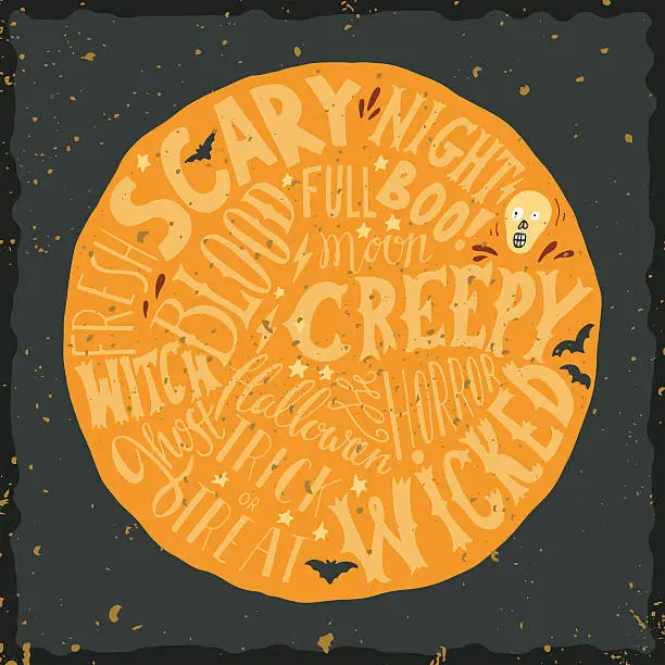 Vector illustration of Halloween hand lettering on the round moon background