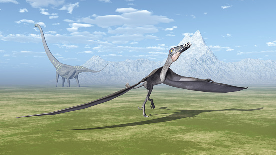 Computer generated 3D illustration with the pterosaur Dorygnathus and the dinosaur Mamenchisaurus