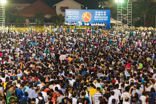 Singapore Singapore - September 08, 2015: Massive crowd attending the political rally by Singapore Democratic Party at Serangoon Stadium, located at Serangoon New town Central, North-East Region of Singapore.