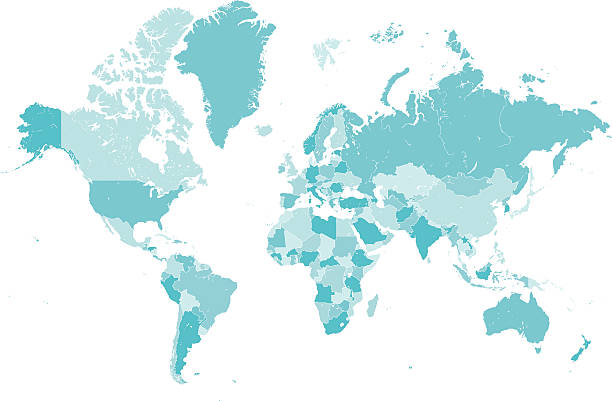 illustrazioni stock, clip art, cartoni animati e icone di tendenza di mappa del mondo di paesi blu vettoriale - intricacy