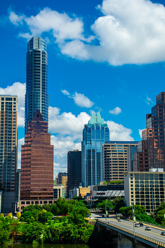 Vertical Austin Texas Skyline Overlooking Congress Avenue Bridge. Frost bank tower and the Austonian with a vertical view of the downtown District 