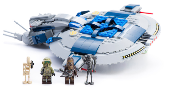 Ankara, Turkey - April 24, 2014: Lego Star Wars 75042 Droid Gunship with minifigures isolated on white background