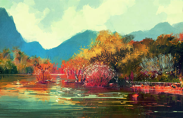 красивый осенний лес - paintings watercolor painting landscape autumn stock illustrations