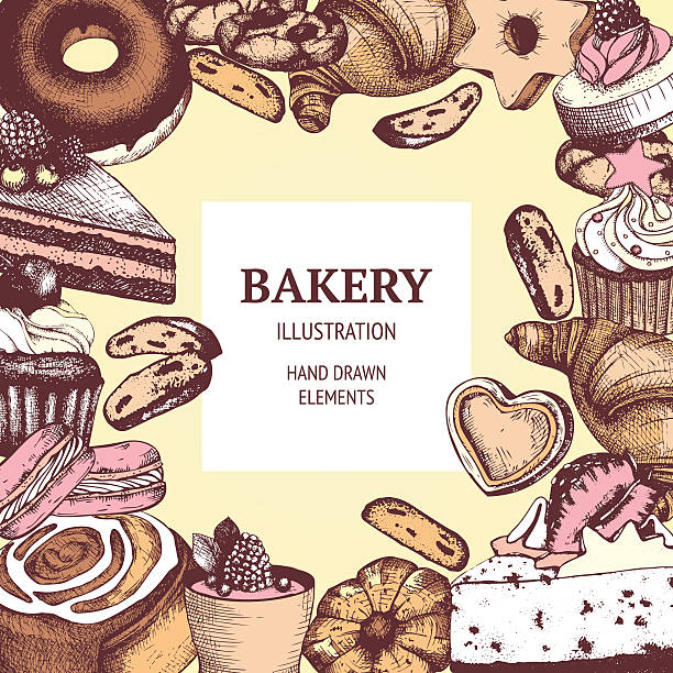 Vintage bakery sketch background. Vector design for bakery or baking shop with hand drawn dessert illustration. Menu template. biscuit quick bread stock illustrations