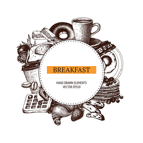 ilustraciones, imágenes clip art, dibujos animados e iconos de stock de vector alimentos para el menú de desayuno. - quick cookies