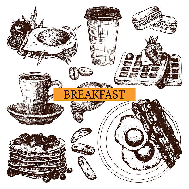 ilustrações de stock, clip art, desenhos animados e ícones de vector comida de menu de pequeno-almoço. - coffee fried egg breakfast toast