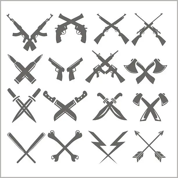 Vector illustration of Crossed Weapons Vector Collection in white background