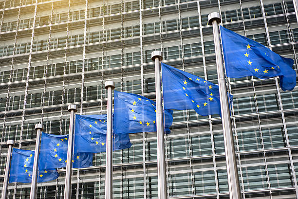 European Union flags in front of the Berlaymont European Union flags in front of the Berlaymont building (European commission) in Brussels, Belgium. law european community european union flag global communications stock pictures, royalty-free photos & images