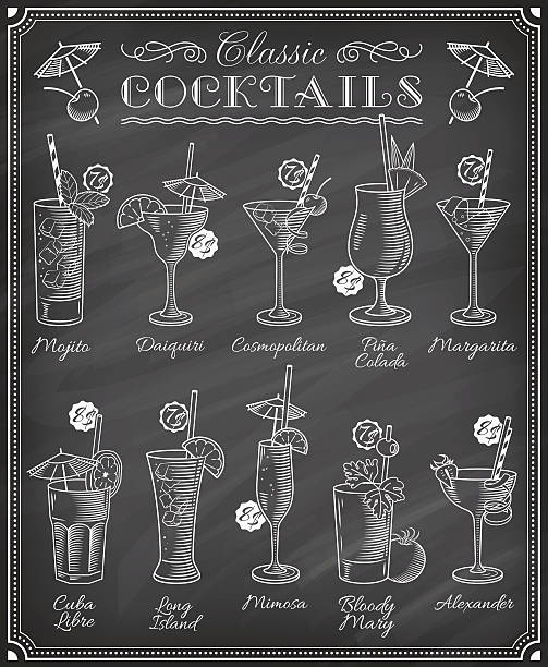 illustrations, cliparts, dessins animés et icônes de des cocktails célèbres illustrations tableau de menu - martini glass illustrations