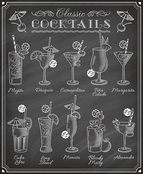 ilustrações de stock, clip art, desenhos animados e ícones de cocktails famosos ilustrações quadro do menu - cocktail orange cup juice