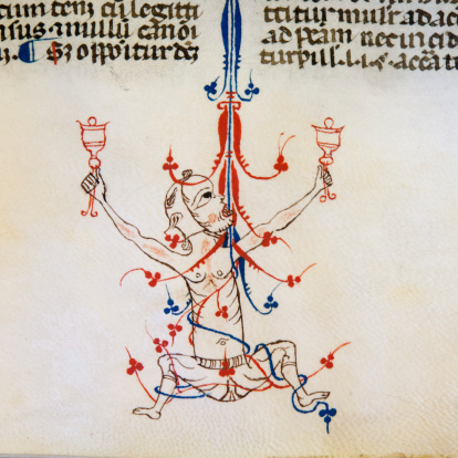 Drollery on the lower margin of a medieval manuscript, showing a strange figure ringing two bells.