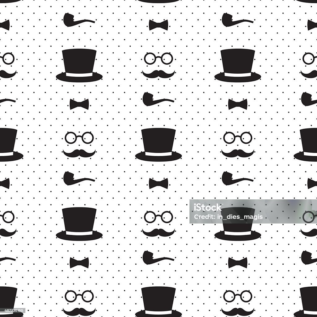 Seamless pattern with tobacco pipe, bow tie, hat, mustache Seamless pattern with tobacco pipe, bow tie, hat, mustache and glasses on polka dots background. Hipster retro style vintage background. Black and white gentleman's set vector illustration. 2015 stock vector