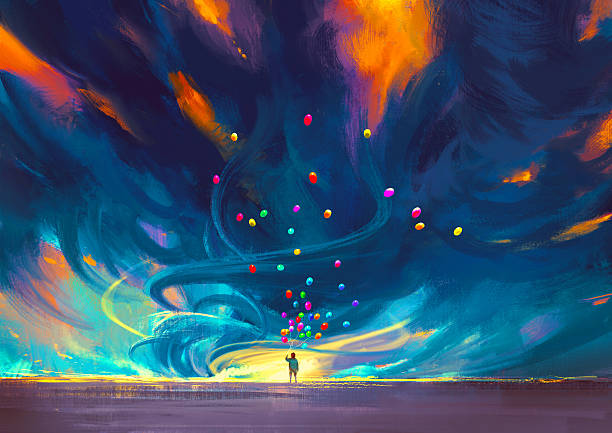ilustraciones, imágenes clip art, dibujos animados e iconos de stock de niño sostiene los globos de pie delante de fantasía storm - colores ilustraciones