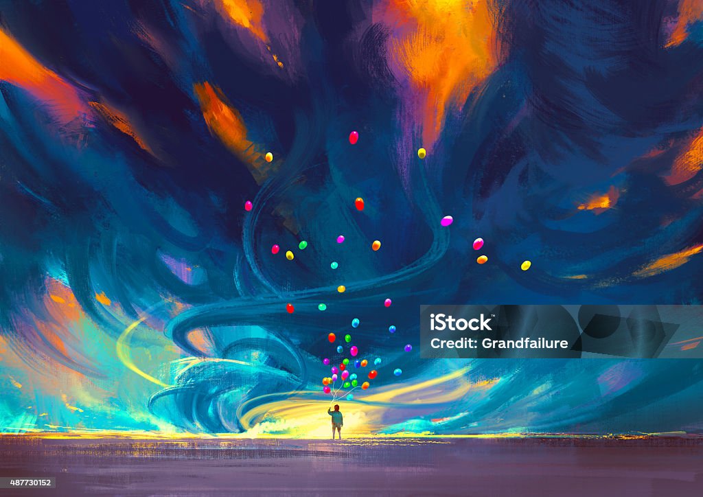 child holding balloons standing in front of fantasy storm child holding balloons standing in front of fantasy storm,illustration painting Art stock illustration