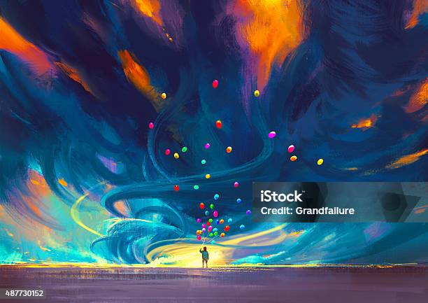 Child Holding Balloons Standing In Front Of Fantasy Storm向量圖形及更多兒童圖片