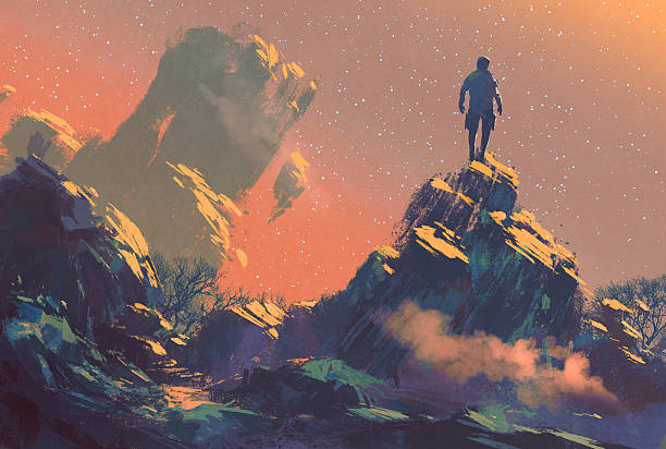 человек стоя на вершине холма, наблюдая за звездами - фантазия иллюстрации stock illustrations