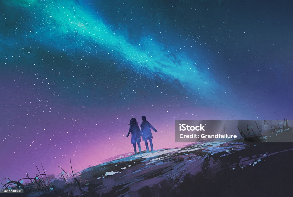 young couple standing holding hands against the Milky Way galaxy young couple standing holding hands against the Milky Way galaxy,illustration painting Watercolor Painting stock illustration