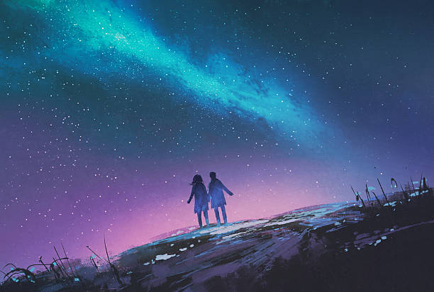 young couple standing holding hands against the Milky Way galaxy young couple standing holding hands against the Milky Way galaxy,illustration painting abstract oil painting for beginners stock illustrations