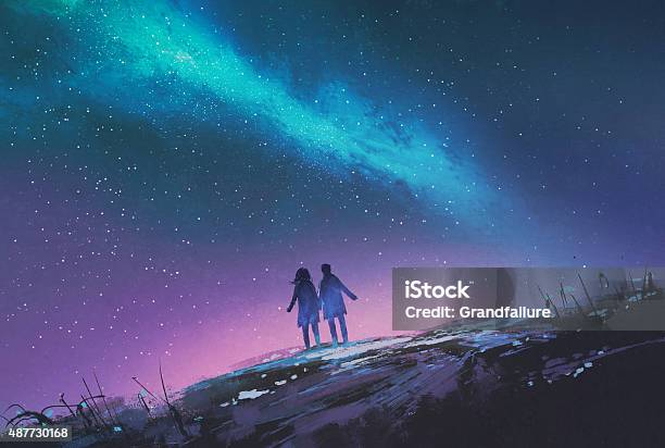 Young Couple Standing Holding Hands Against The Milky Way Galaxy Stock Illustration - Download Image Now